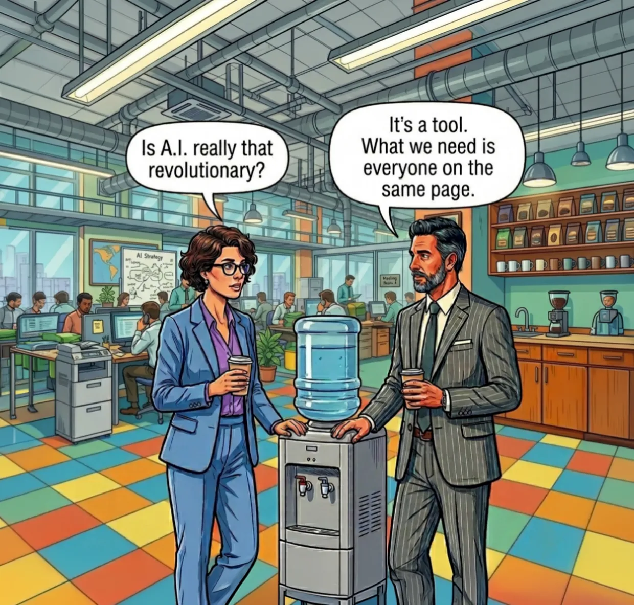 A business man and a business woman at the water cooler in the office discussing A.I.