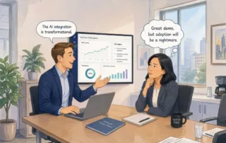 A business man and business woman discussing CRE. The woman is hesitant in adopting the new technology