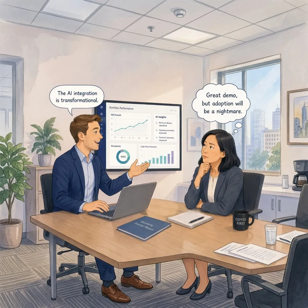 A business man and business woman discussing CRE. The woman is hesitant in adopting the new technology