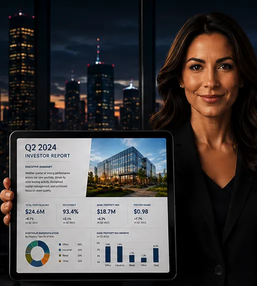 Real estate executive holding up a tablet showing an image of an investor report