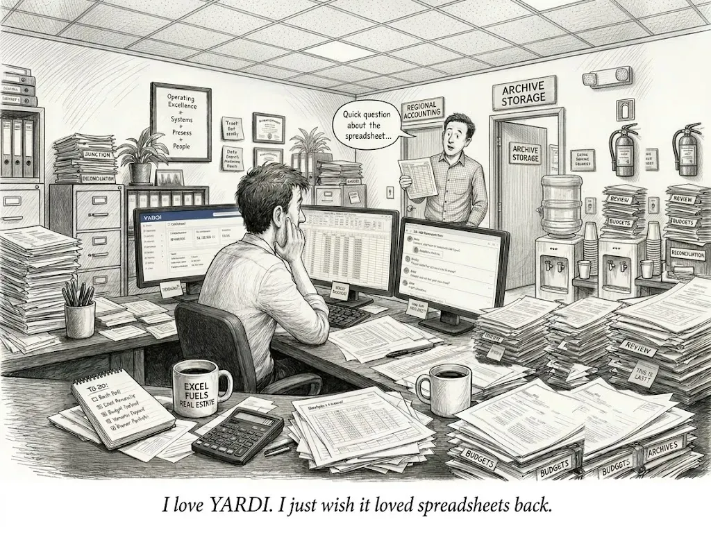 I love Yardi. I just wish it loved spreadsheets back. Two men in an office, one is staring despondently at a screen with a spreadsheet on it, the other is asking "Quick question about the spreadsheet"