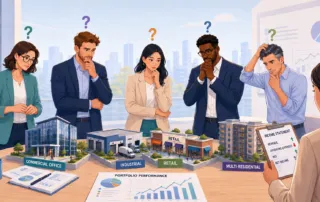 Business people standing over a desk looking puzzled. They can't decide what the buildings are worth, what the liabilities are etc.