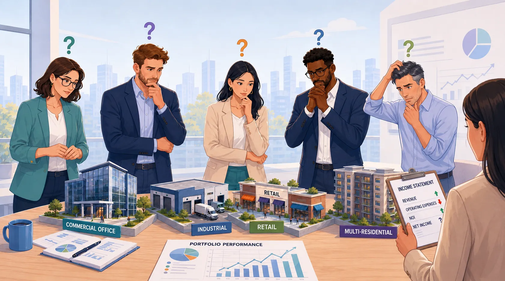 Business people standing over a desk looking puzzled. They can't decide what the buildings are worth, what the liabilities are etc.